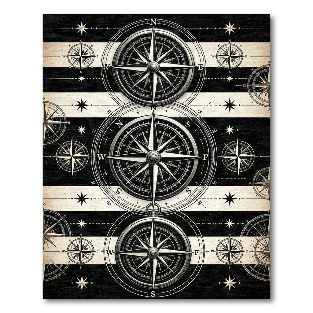 Monochrome Maritime Compass Nautical Stripe Floor Art Rug