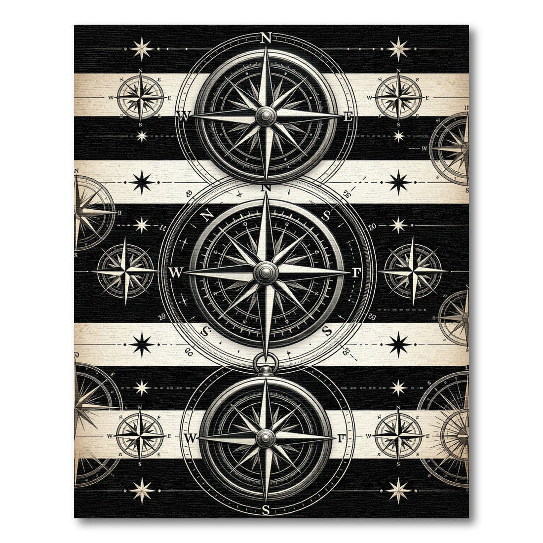 Monochrome Maritime Compass Nautical Stripe Floor Art Rug