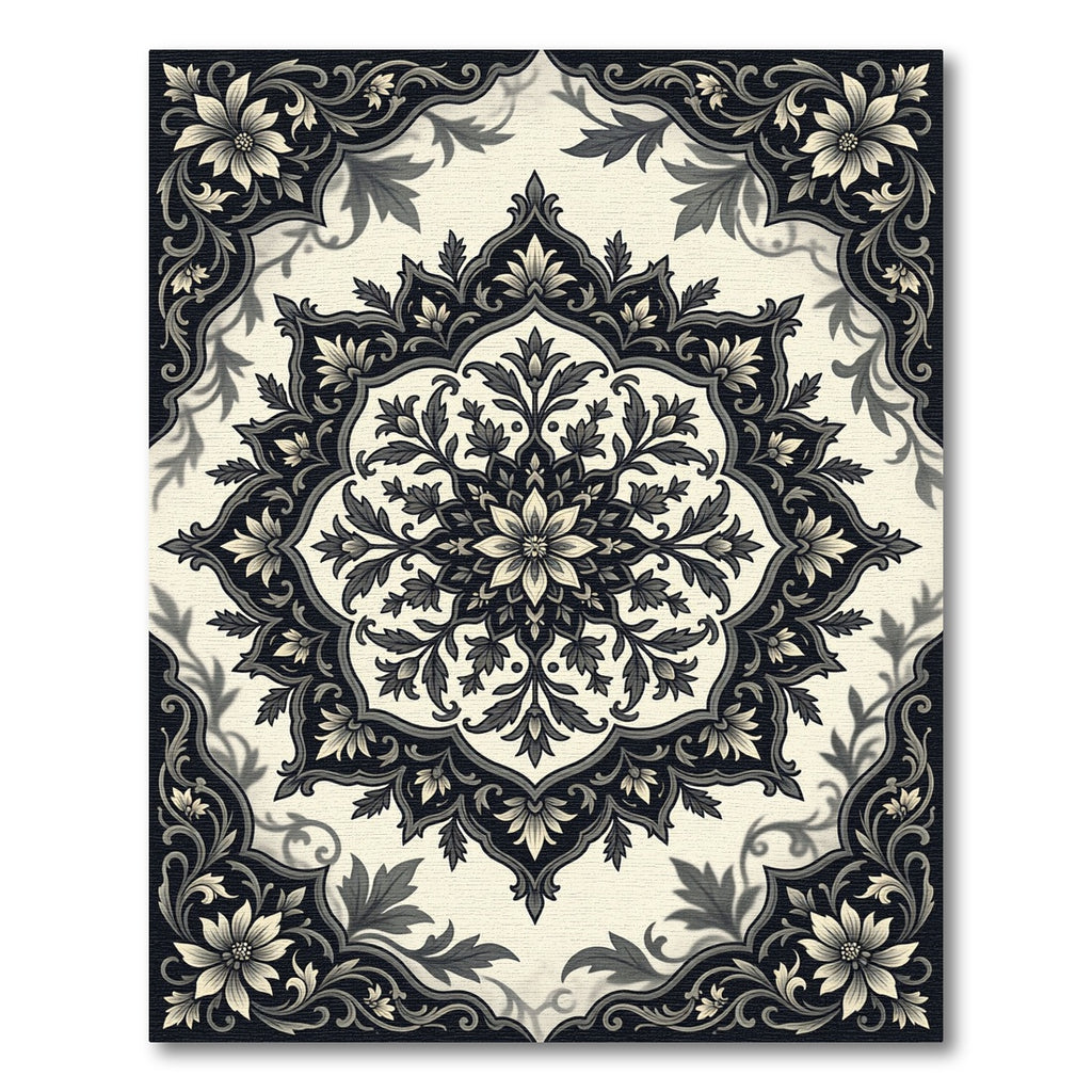 Elegant Monochrome Floral Medallion Square Centerpiece Rug