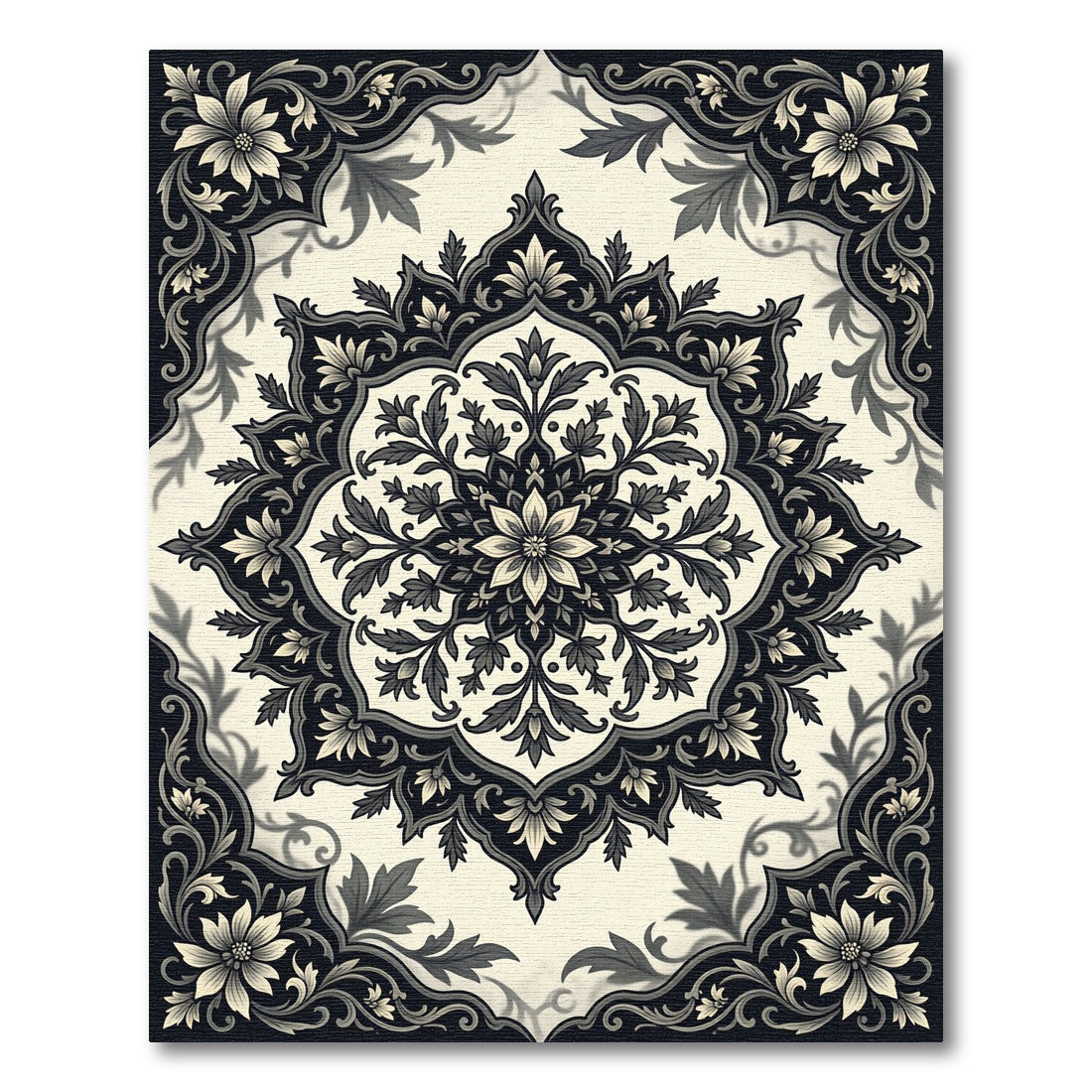 Elegant Monochrome Floral Medallion Square Centerpiece Rug