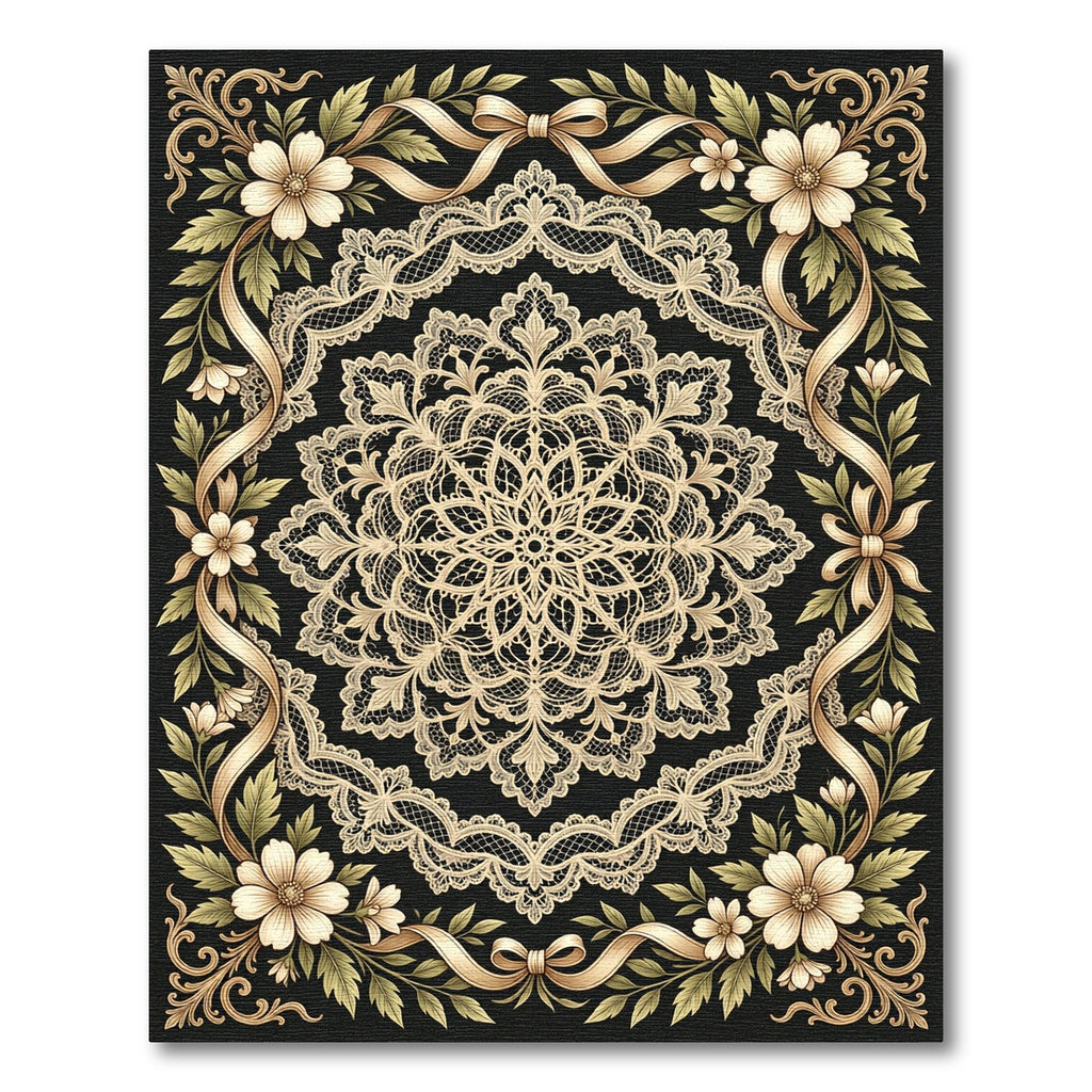 Cream Lace Floral Ribbon Frame Rug