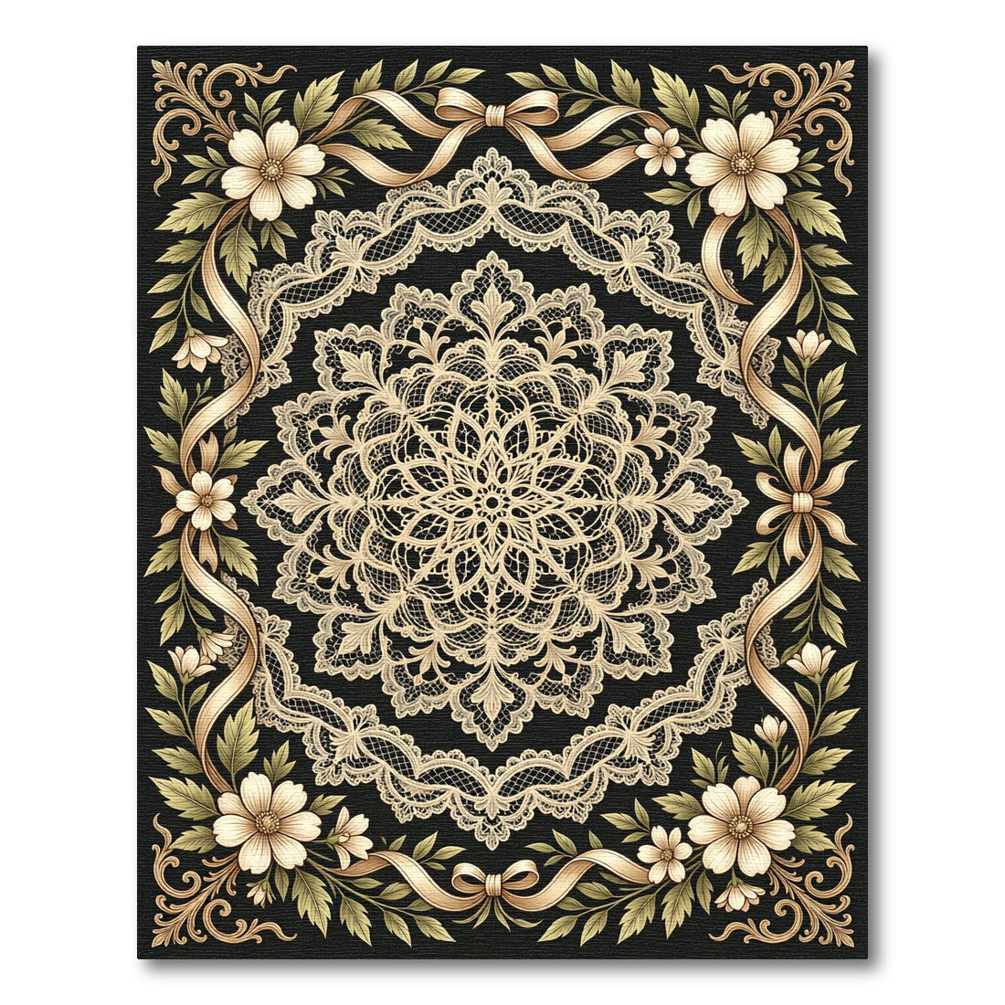 Cream Lace Floral Ribbon Frame Rug