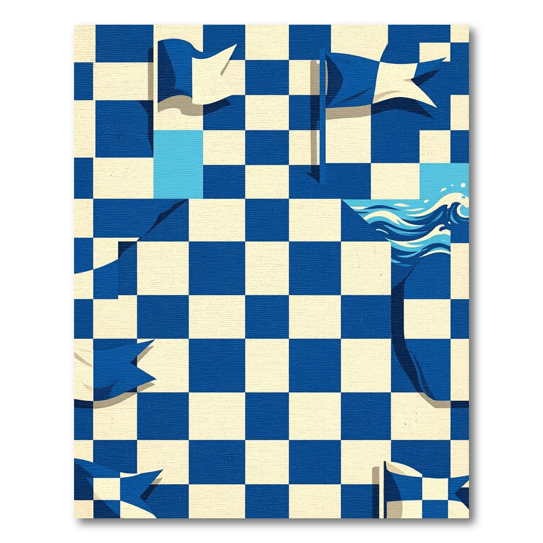 Blue and White Nautical Checkered Wave Rug