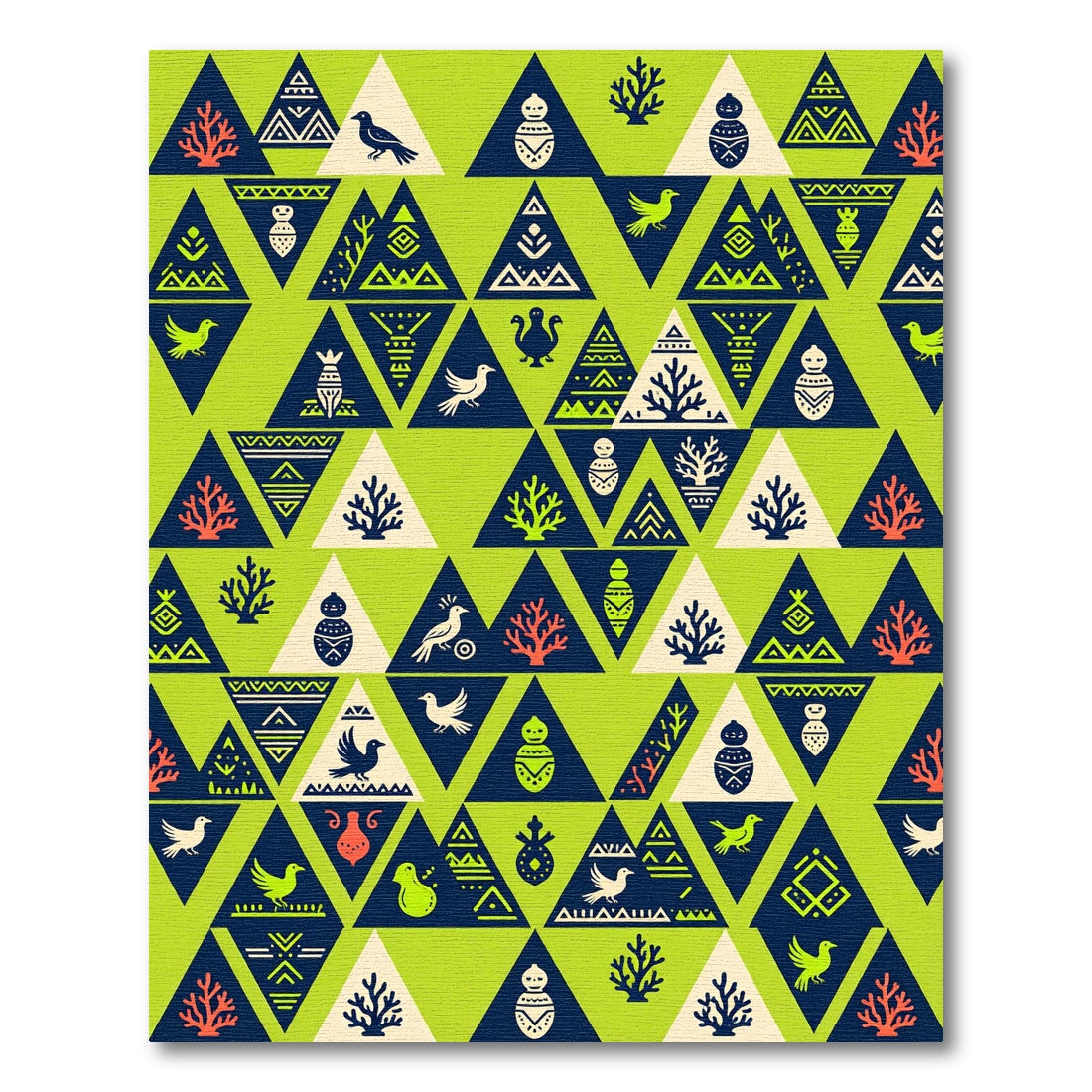 Whimsical Tribal Bird Trees Triangle Pattern Rug