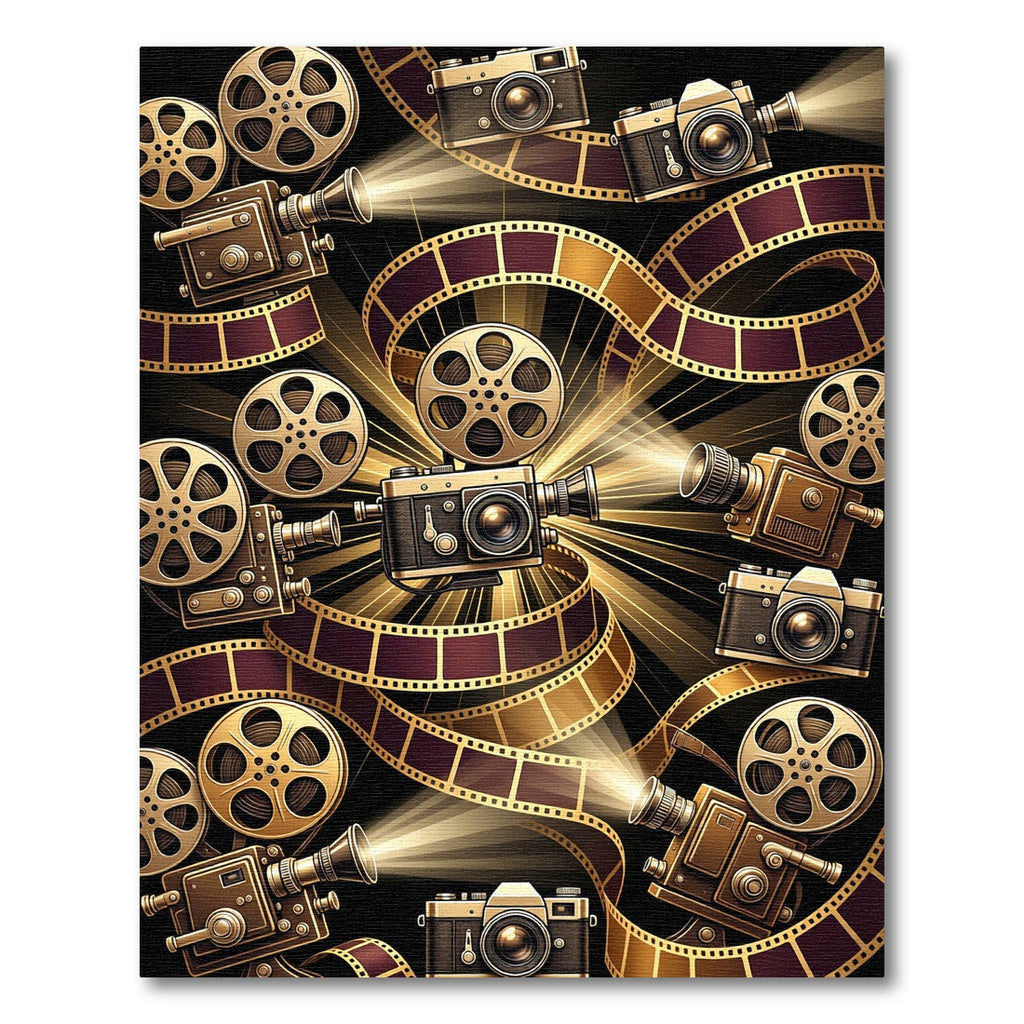 Cinematic Golden Film Reel Camera Collage Rug