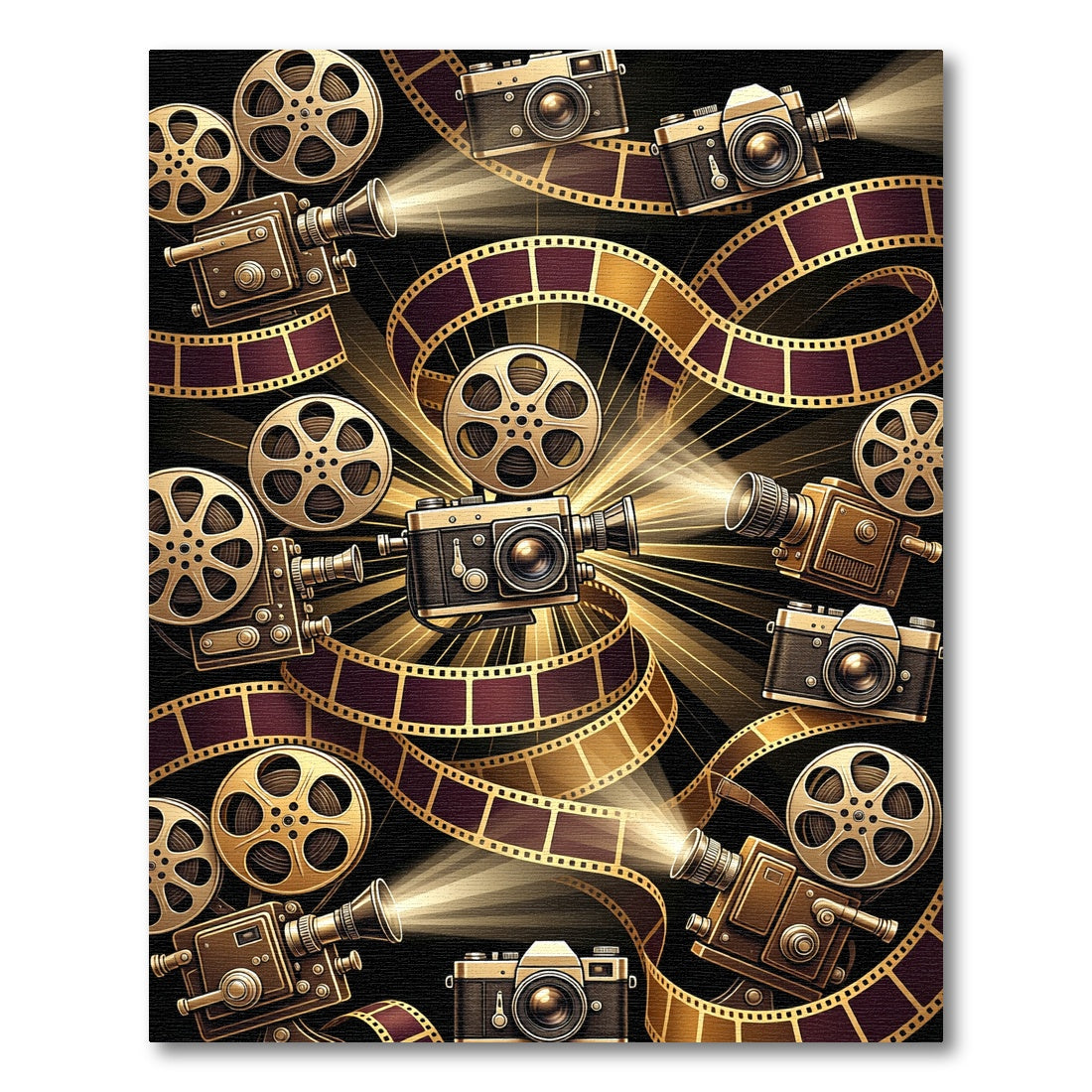 Cinematic Golden Film Reel Camera Collage Rug