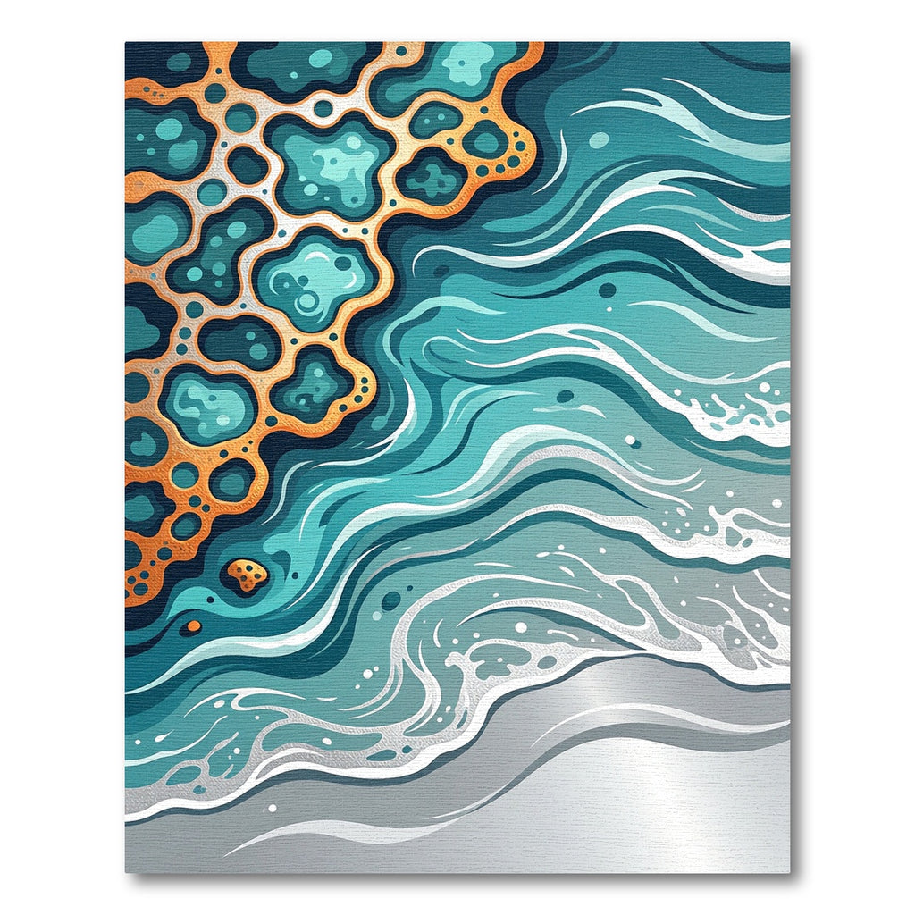 Abstract Teal Wave and Ochre Coral Rug
