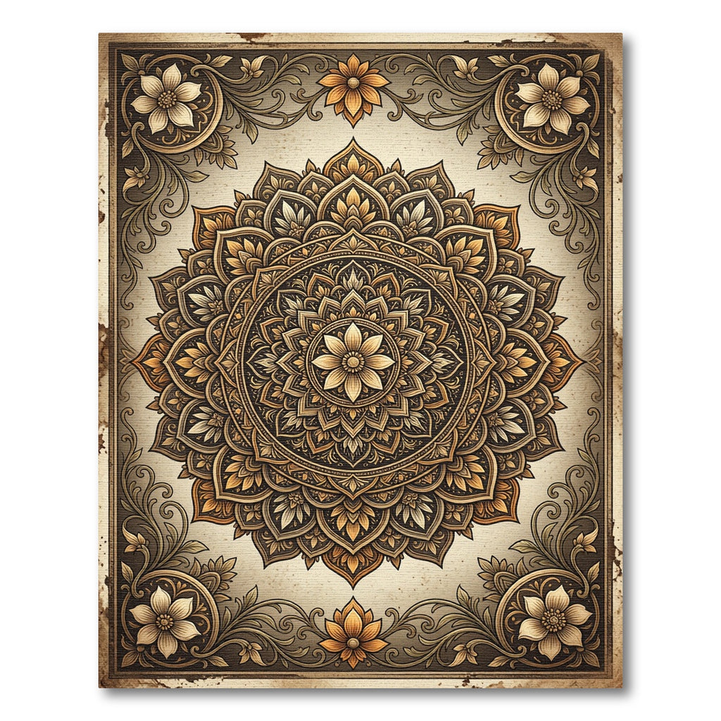 Elegant Golden Mandala Floral Medallion Rug