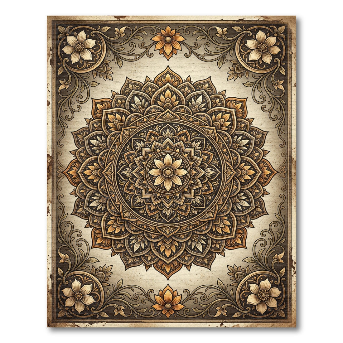 Elegant Golden Mandala Floral Medallion Rug
