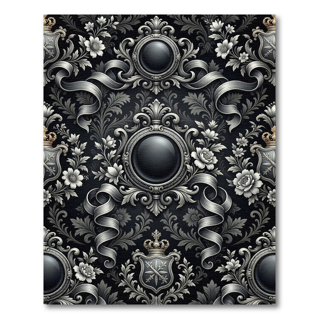 Ornate Silver Floral Emblem Rug