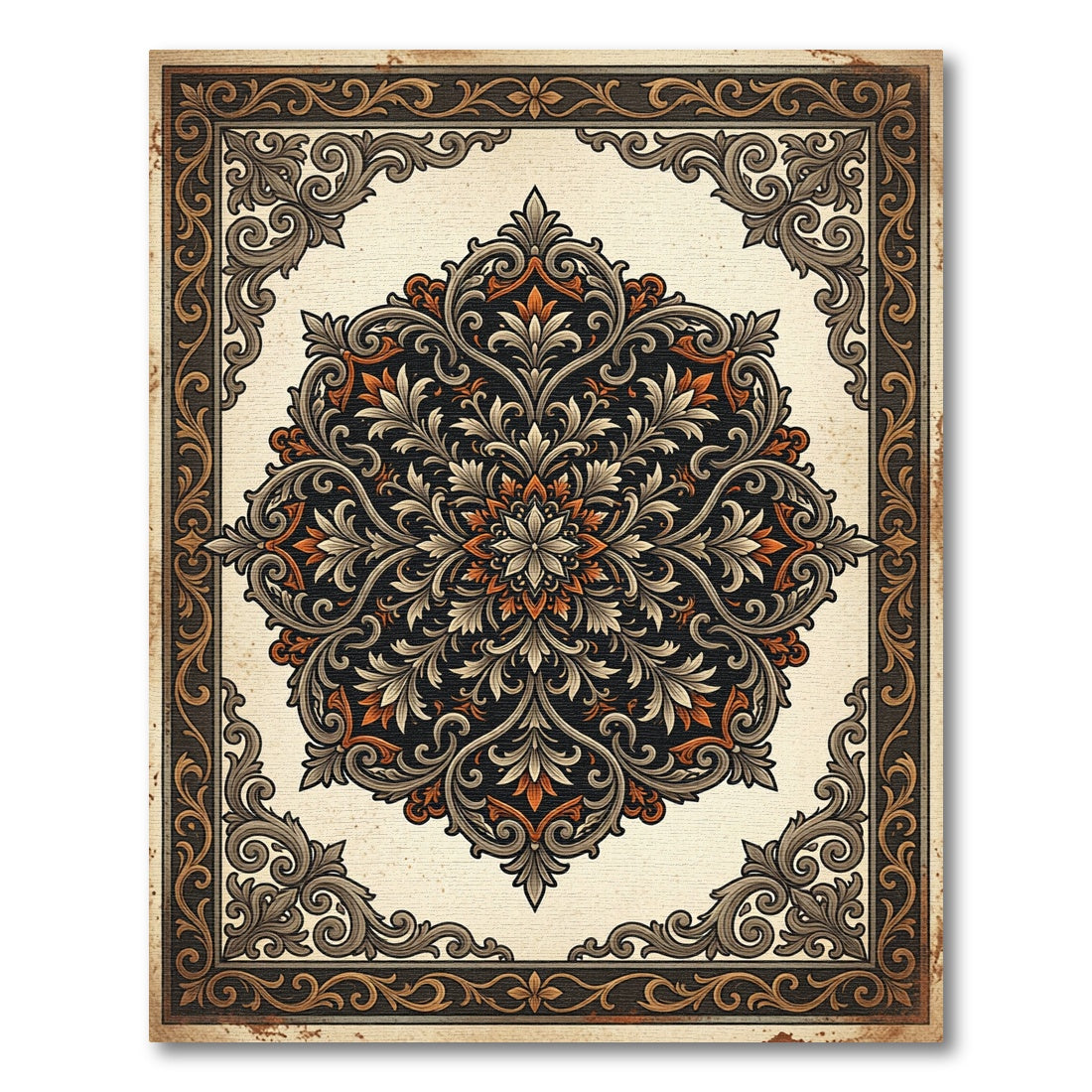 Ornate Black Orange Floral Mandala Rug