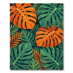 Vibrant Orange and Green Tropical Monstera Leaves Rug
