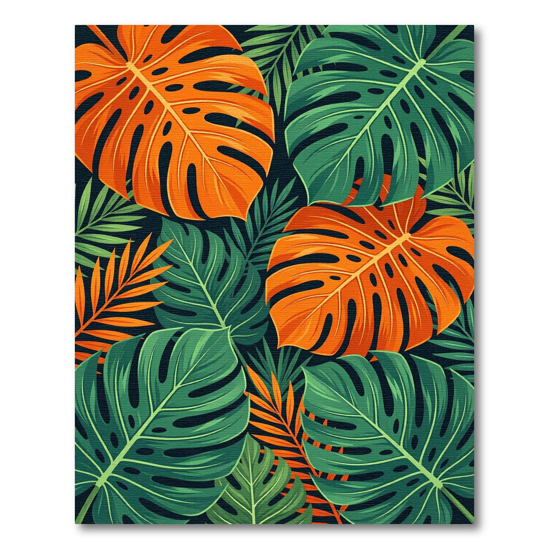 Vibrant Orange and Green Tropical Monstera Leaves Rug