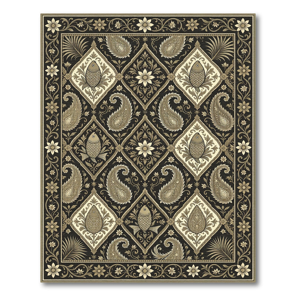 Ornate Black Gold Paisley Fish Square Rug