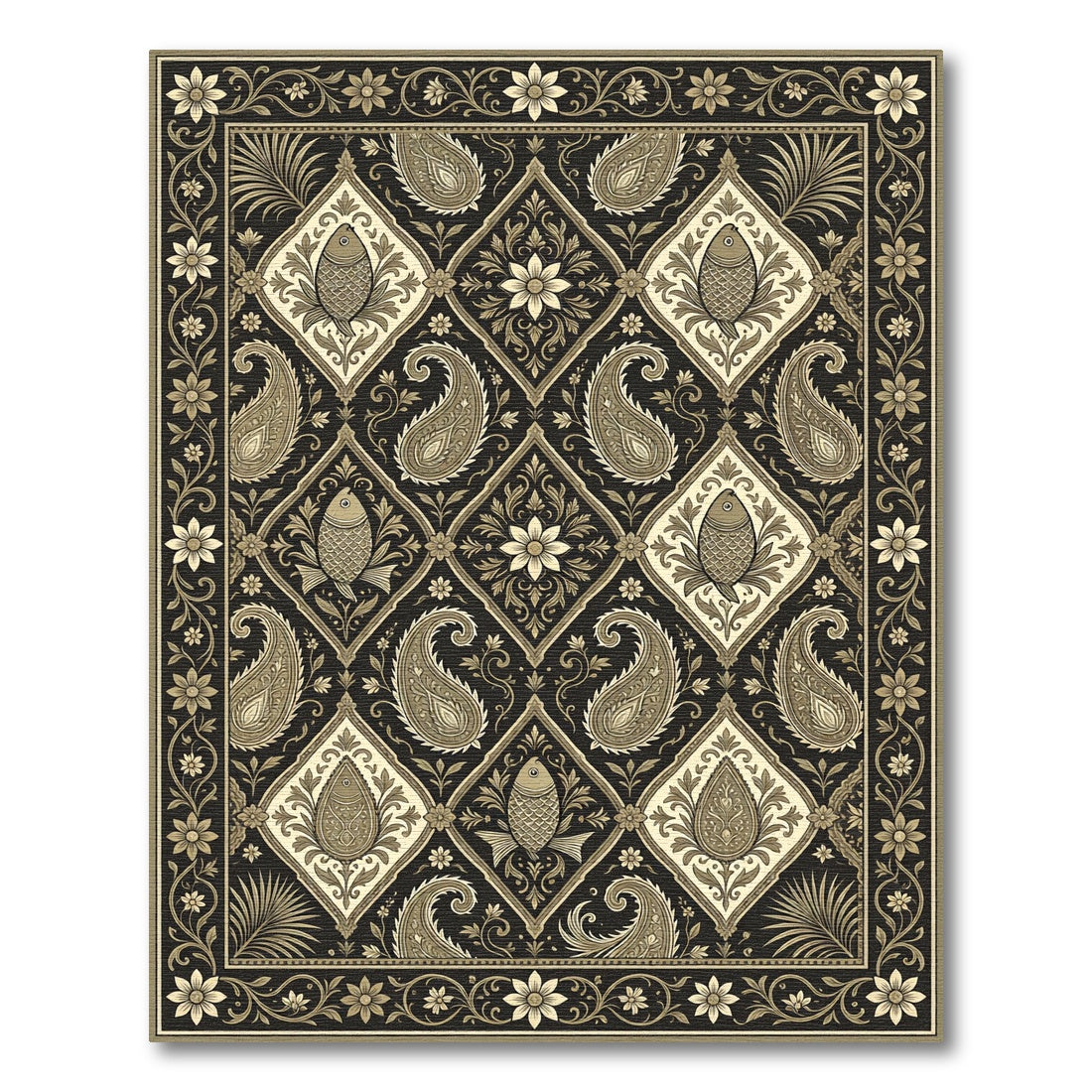 Ornate Black Gold Paisley Fish Square Rug