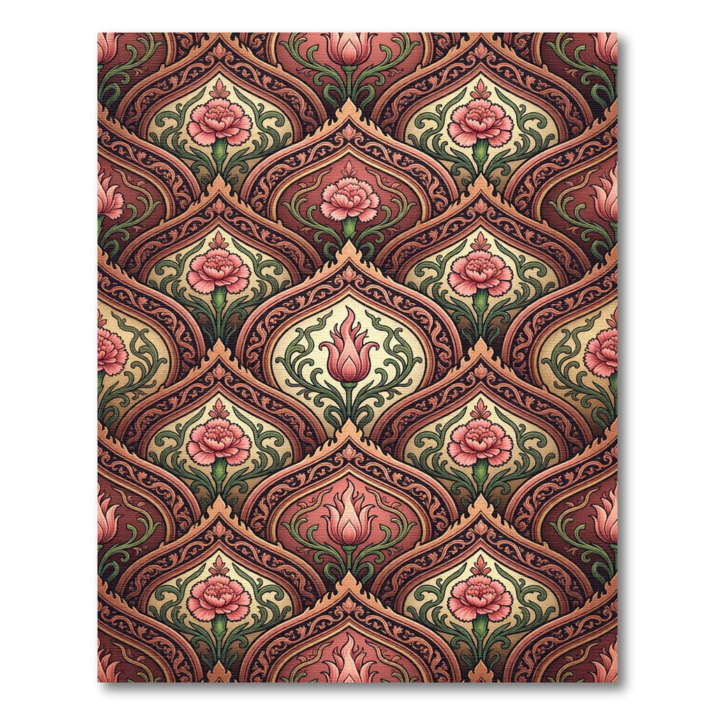 Elegant Coral Floral Damask Scroll Rug