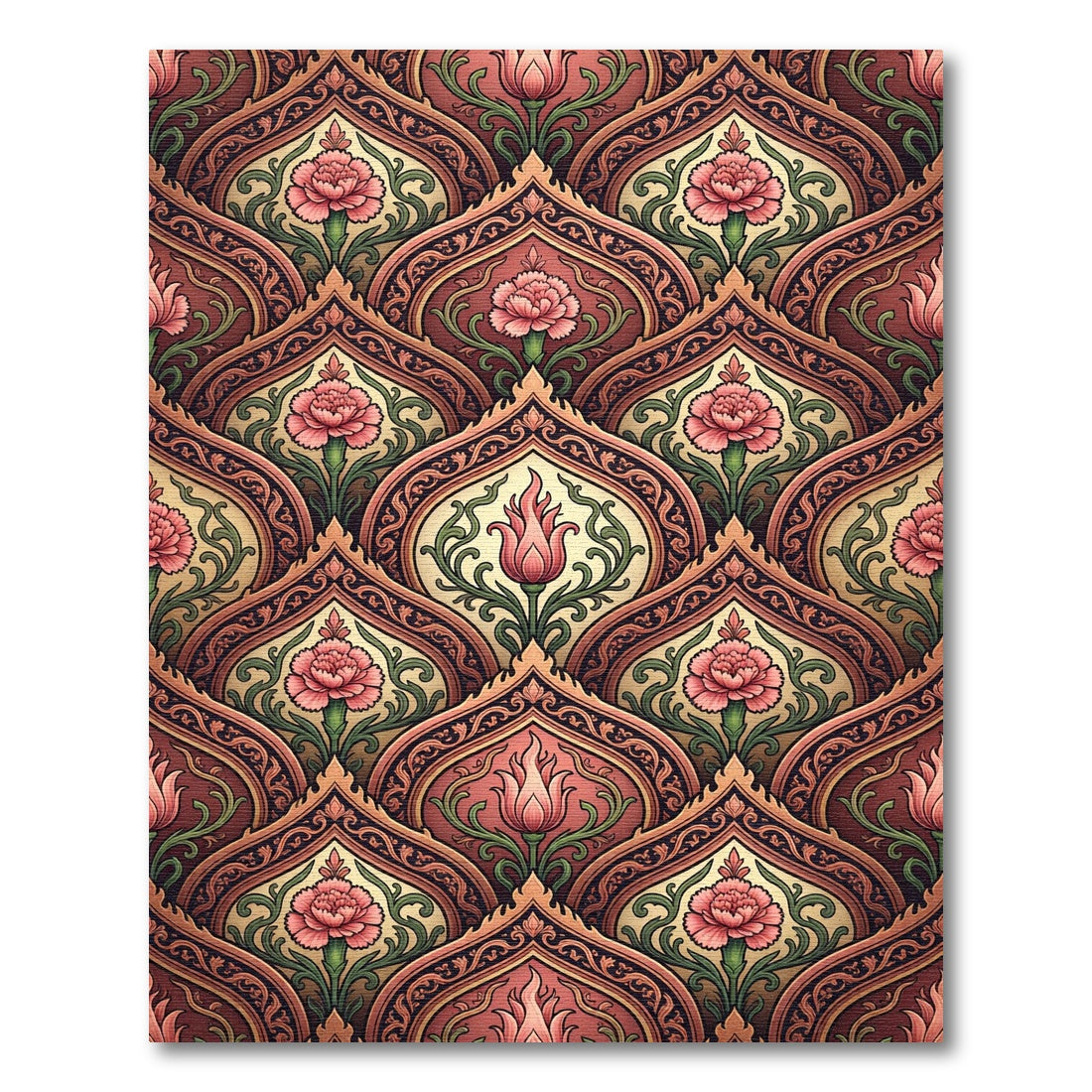 Elegant Coral Floral Damask Scroll Rug