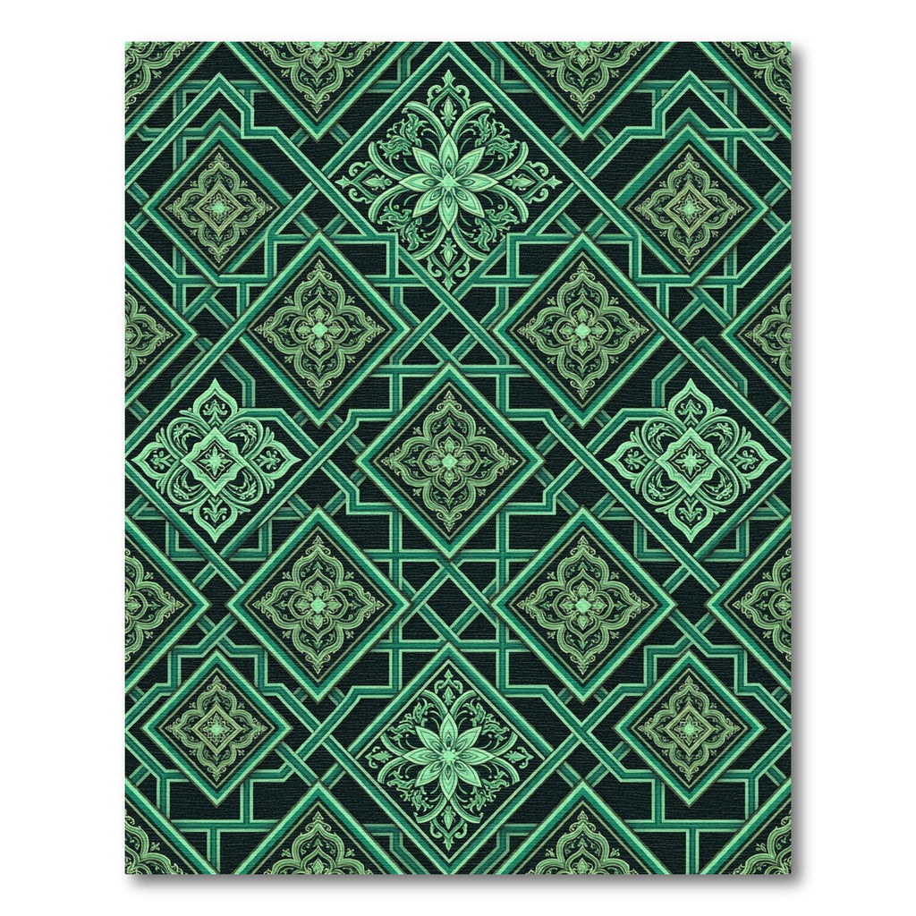 Emerald Geometric Lattice Floral Tile Rug