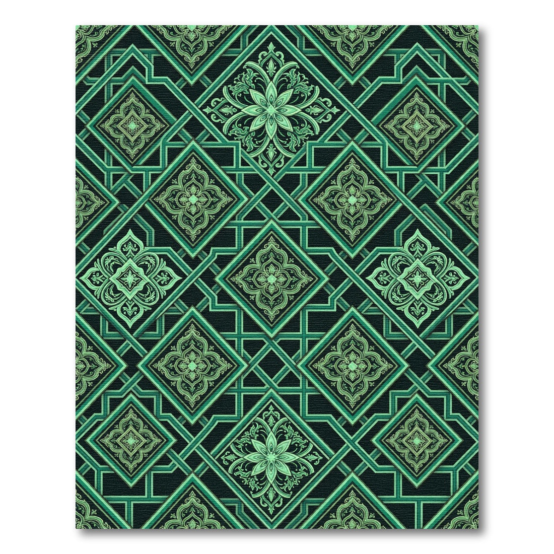 Emerald Geometric Lattice Floral Tile Rug
