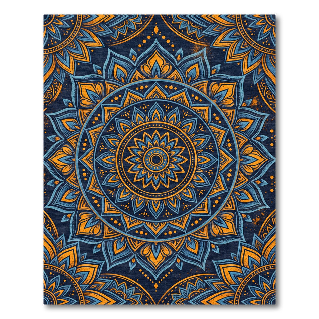 Golden Blue Ornate Circular Floral Mandala Rug