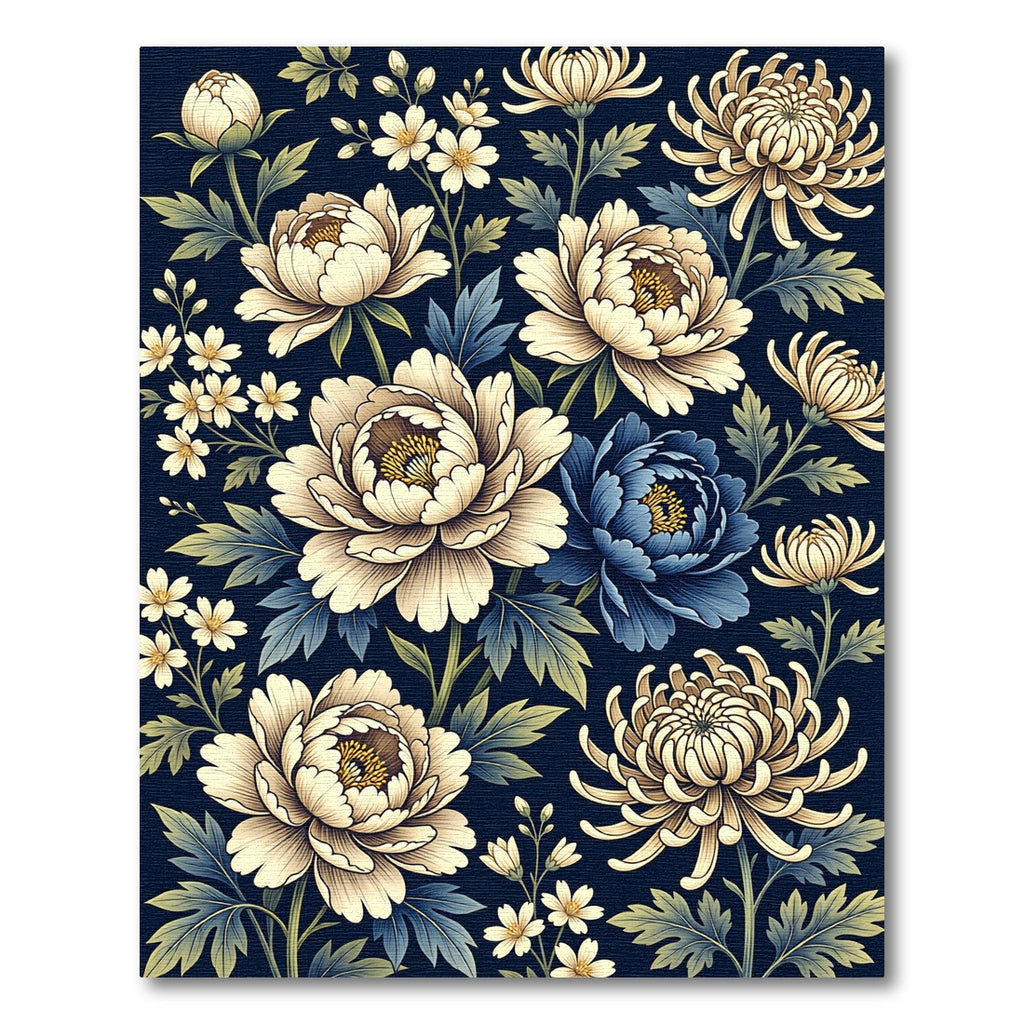 Dark Blue Cream Floral Chinoiserie Garden Rug