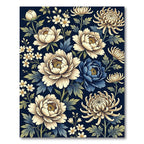 Dark Blue Cream Floral Chinoiserie Garden Rug