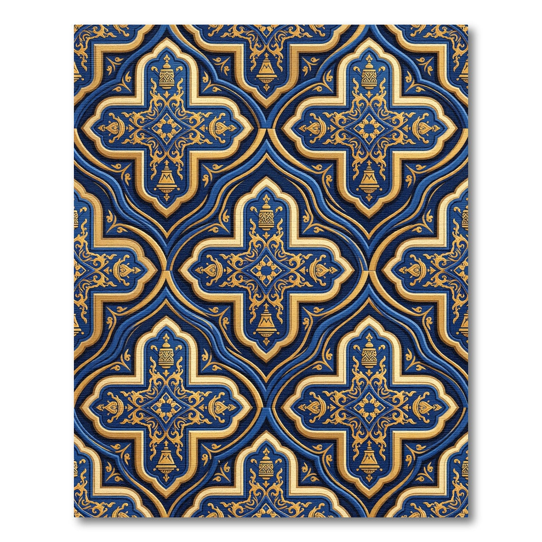 Golden Embellished Royal Blue Quatrefoil Rug