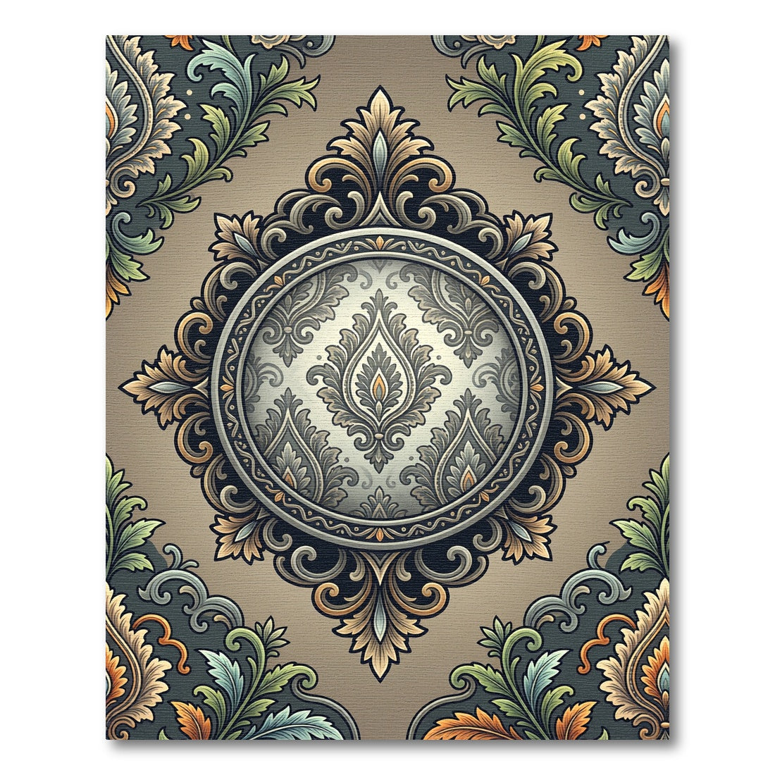 Antique Gold Green Floral Medallion Rug