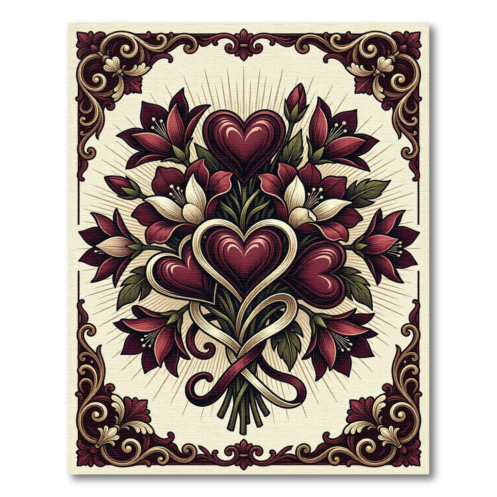 Deep Red Heart Floral Bouquet Scrollwork Rug