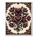 Deep Red Heart Floral Bouquet Scrollwork Rug