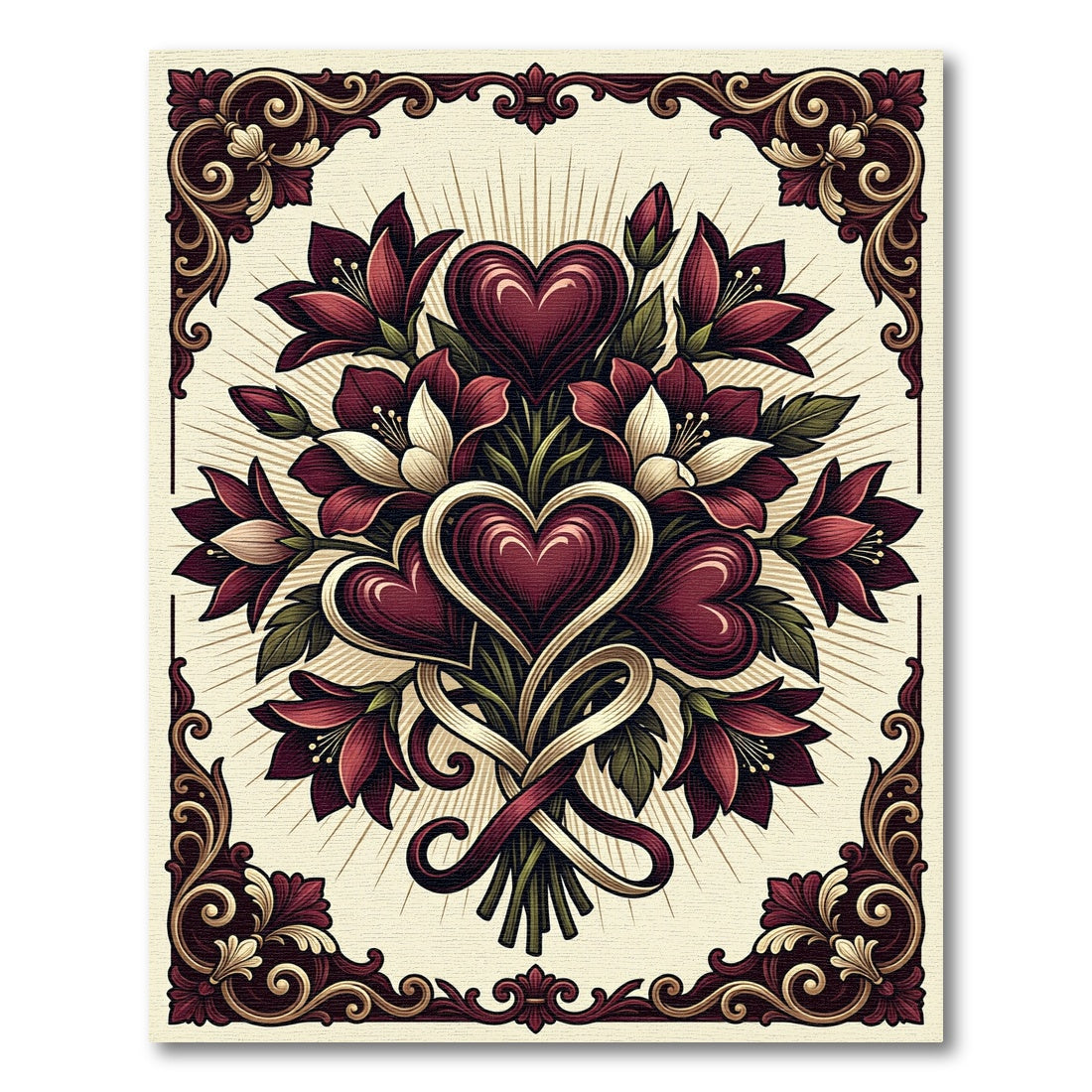 Deep Red Heart Floral Bouquet Scrollwork Rug