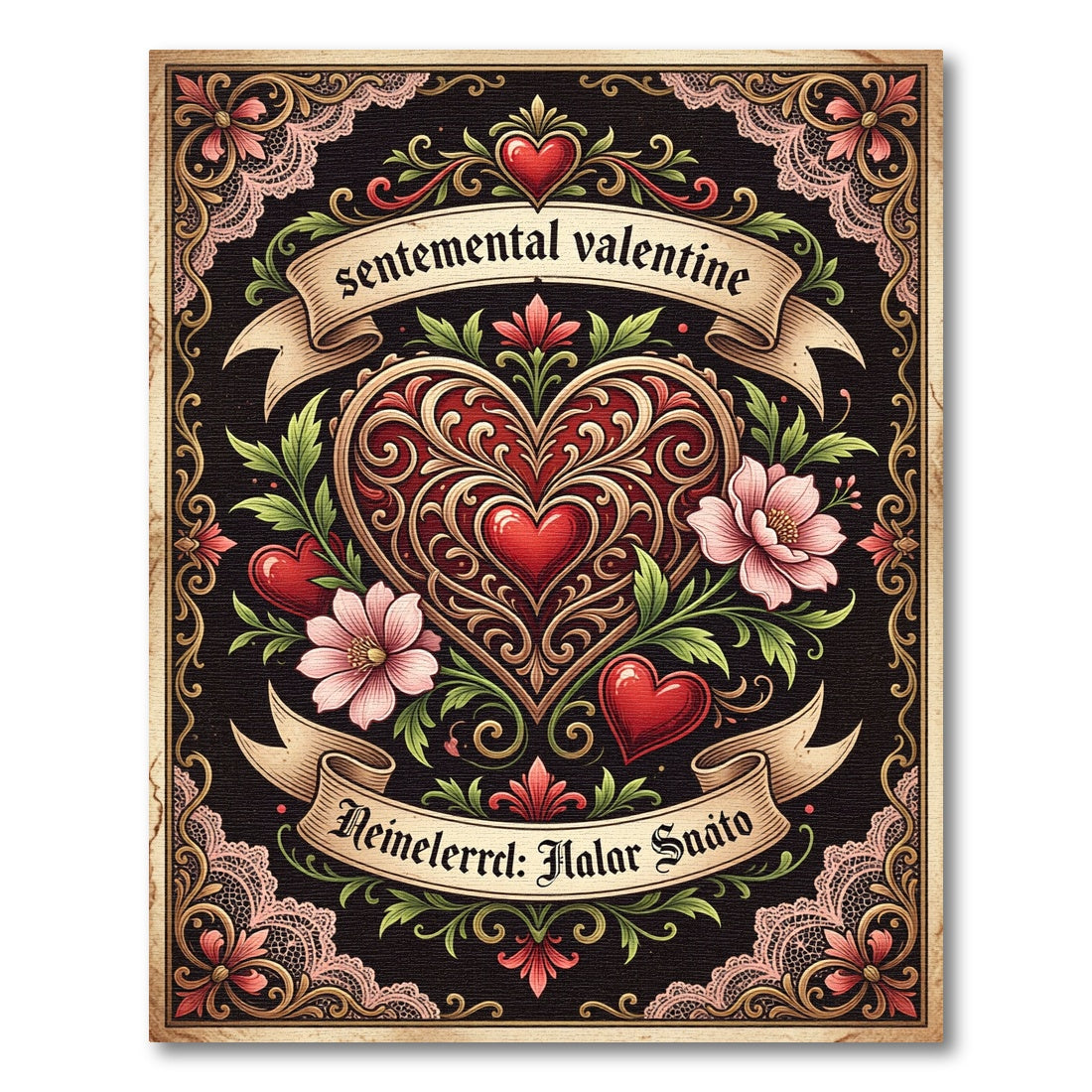 Ornate Red Hearts Pink Flowers Lace Rug