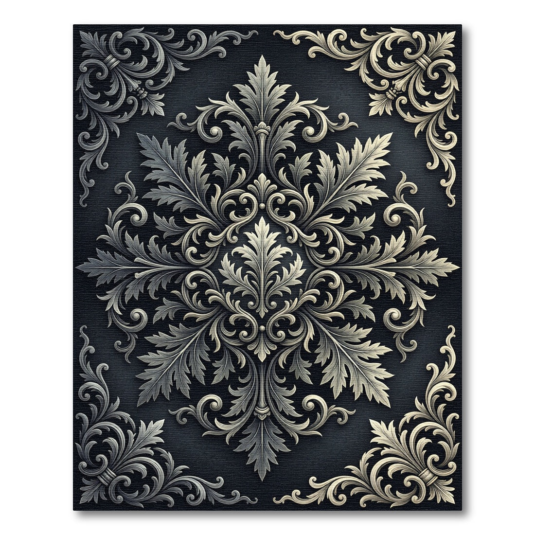 Ornate Silver Acanthus Leaf Medallion Rug