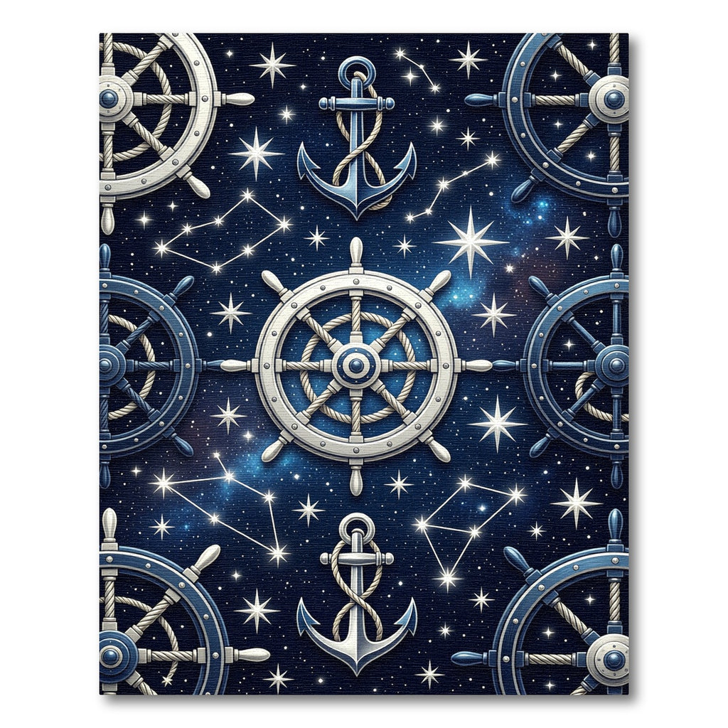 Nautical Starry Night Ships Wheels Anchors Rug