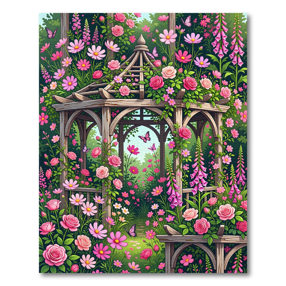 Pink Rose Garden Gazebo Butterfly Scene Rug