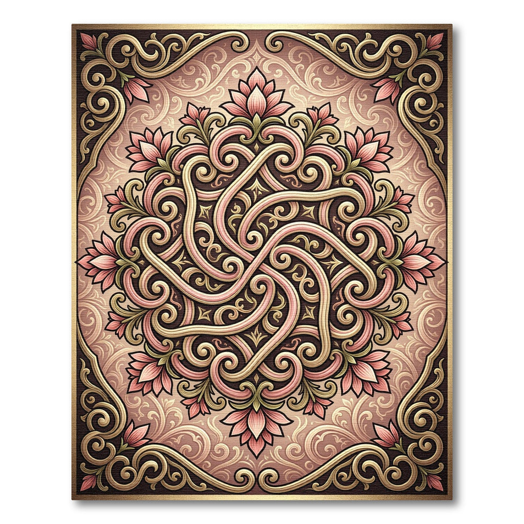 Rose Pink Floral Scrollwork Medallion Rug