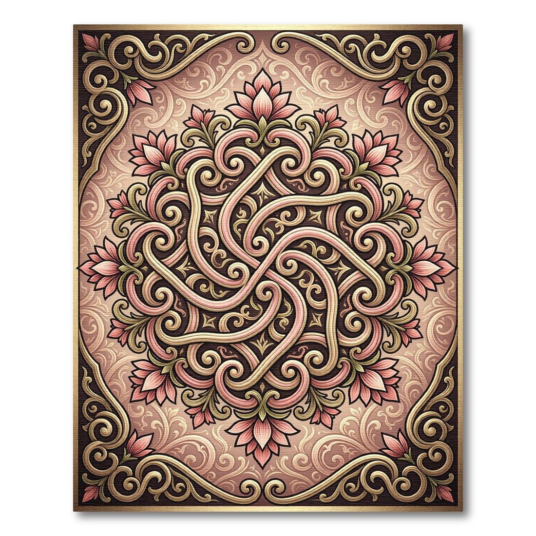 Rose Pink Floral Scrollwork Medallion Rug