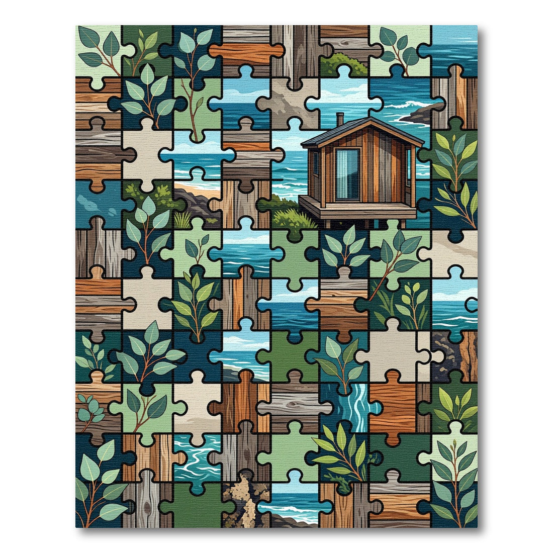 Coastal Cabin Puzzle Botanical Decor Rug