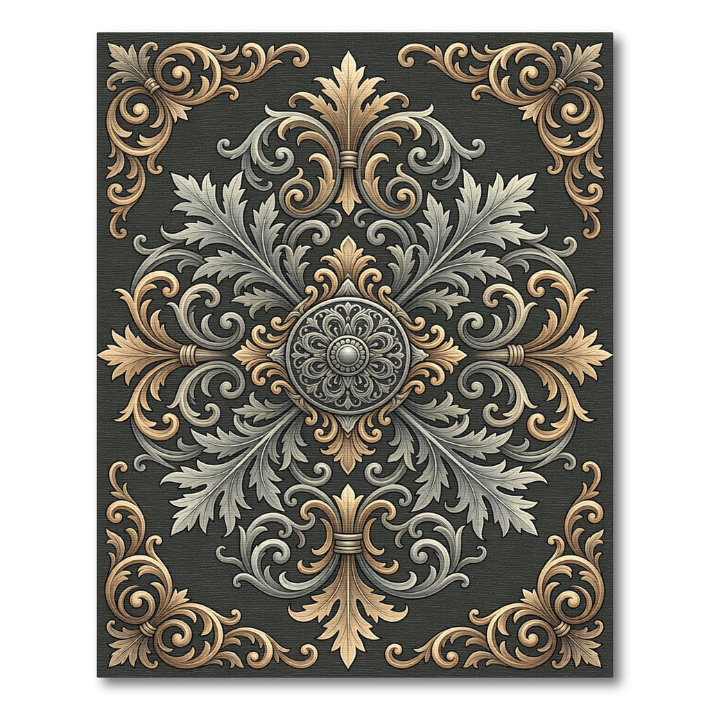 Ornate Gold and Silver Acanthus Medallion Rug