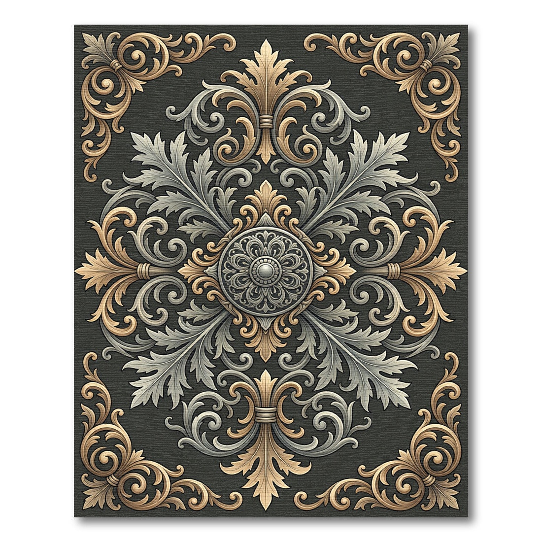Ornate Gold and Silver Acanthus Medallion Rug