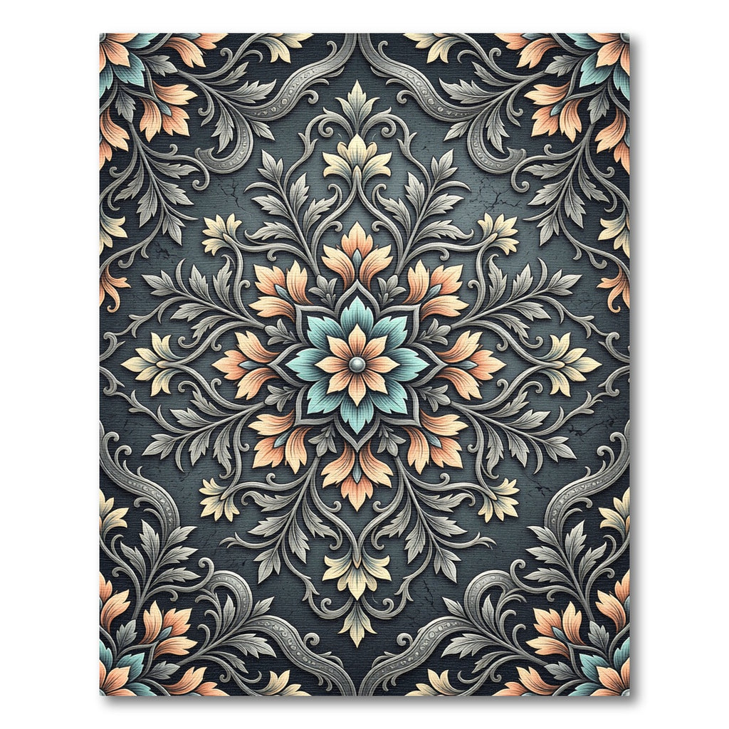 Elegant Teal and Peach Botanical Medallion Rug