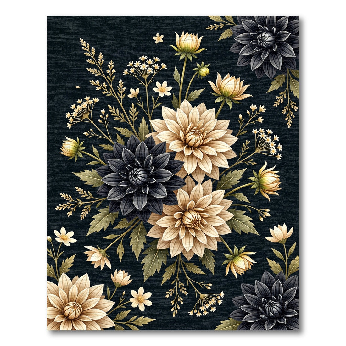 Dramatic Black Cream Floral Bouquet Rug