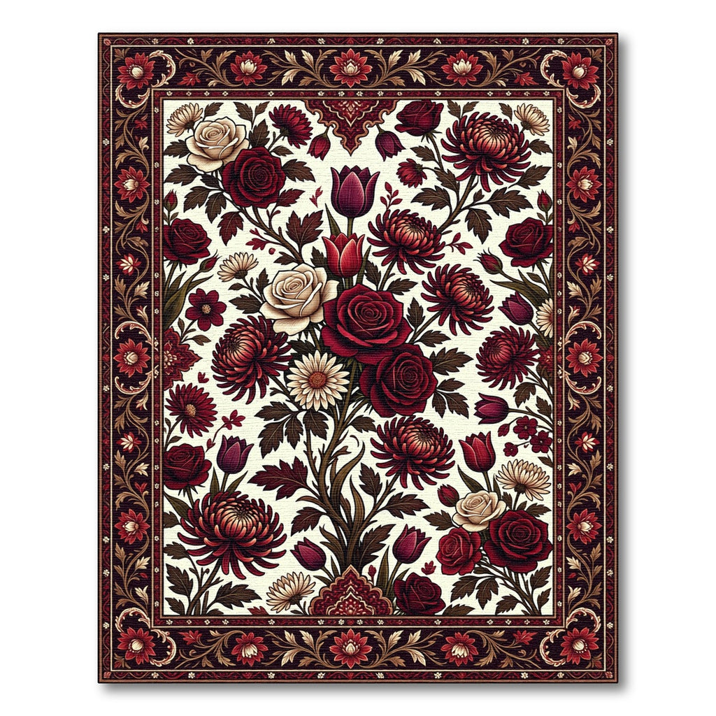 Rich Crimson Floral Blossom Medallion Rug