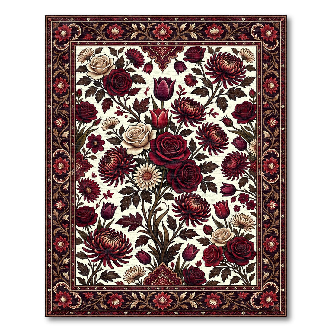 Rich Crimson Floral Blossom Medallion Rug