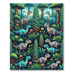 Whimsical Blue Dinosaur Lush Jungle Landscape Rug