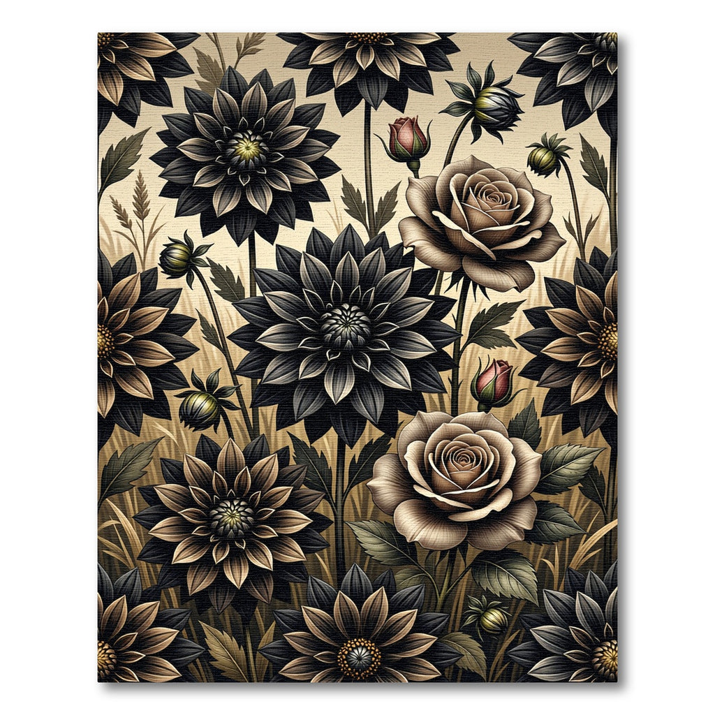 Dark Botanical Rose Dahlia Garden Rug