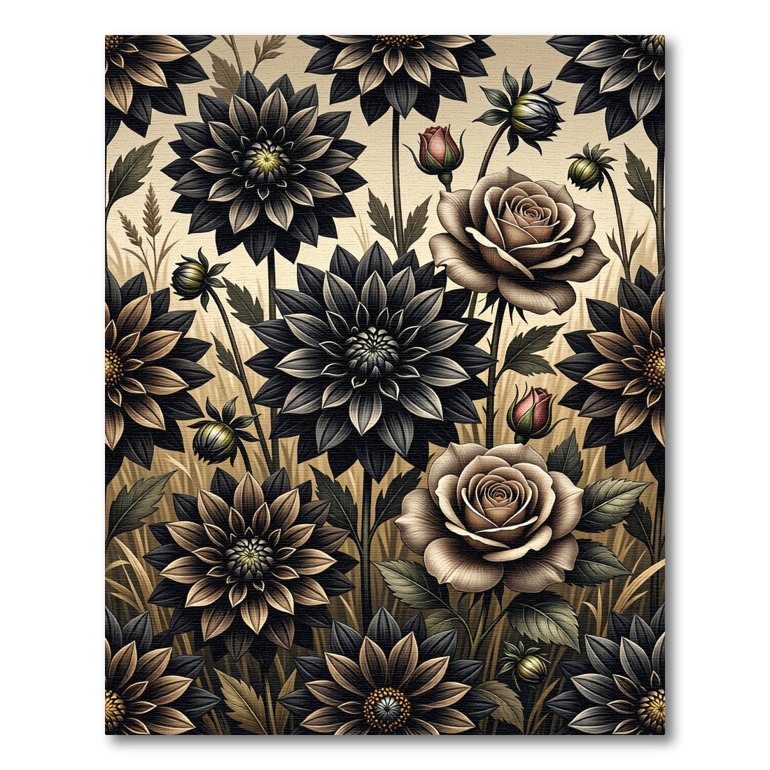 Dark Botanical Rose Dahlia Garden Rug