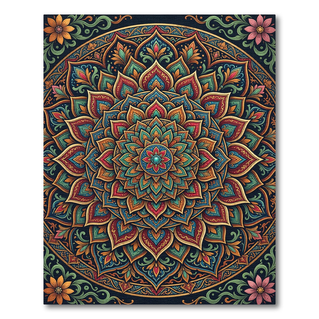 Intricate Teal and Golden Sunburst Mandala Rug