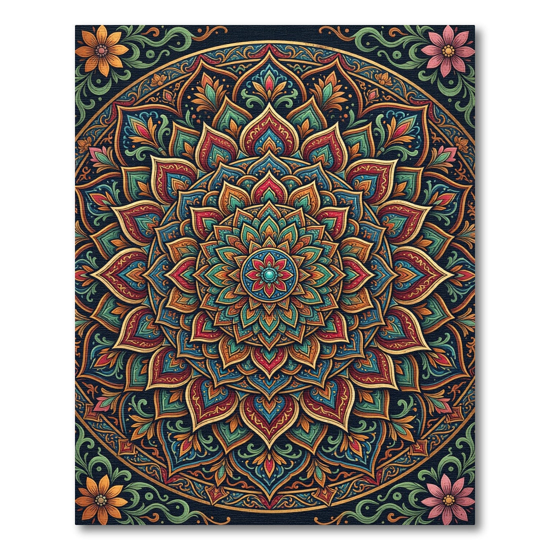 Intricate Teal and Golden Sunburst Mandala Rug