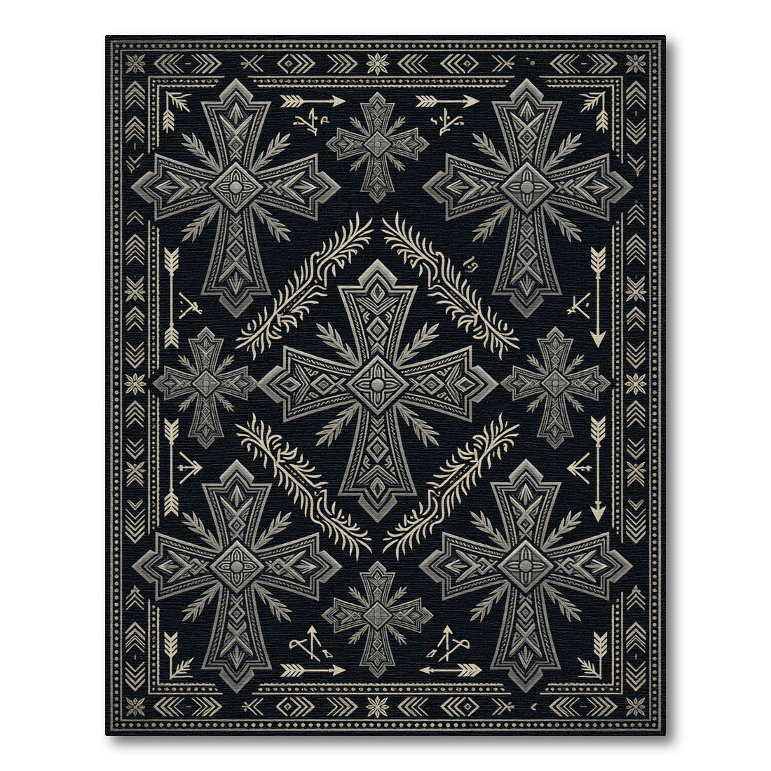 Ornate Black Silver Geometric Cross Rug